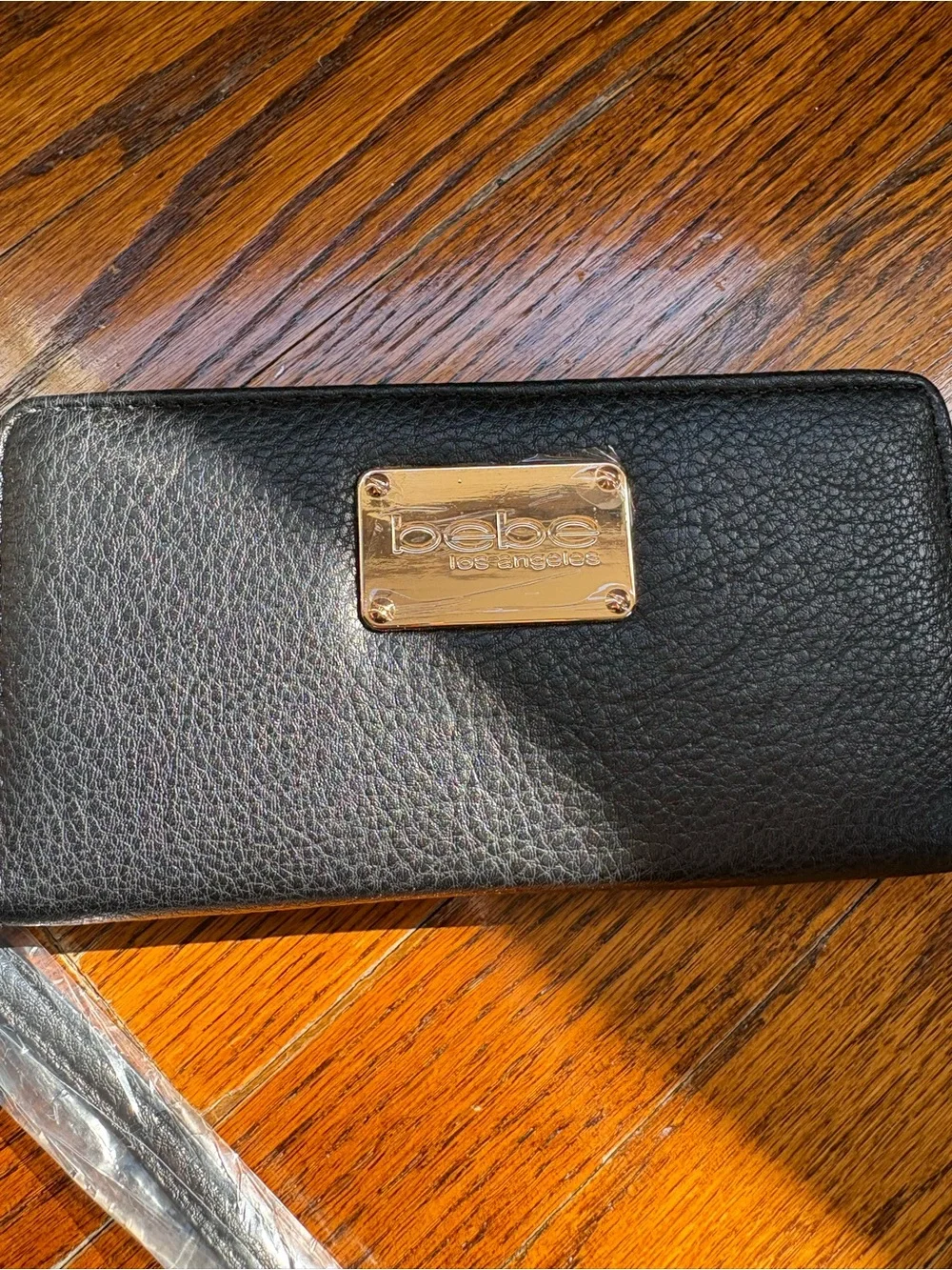 bebe Black Textured Leather Zip Wallet with Gold Plate & Keyring